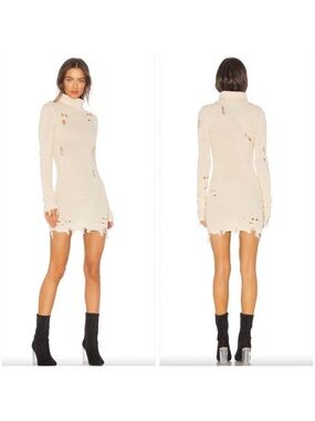 Lovers + Friends Cream Distressed Turtleneck Mini Dress